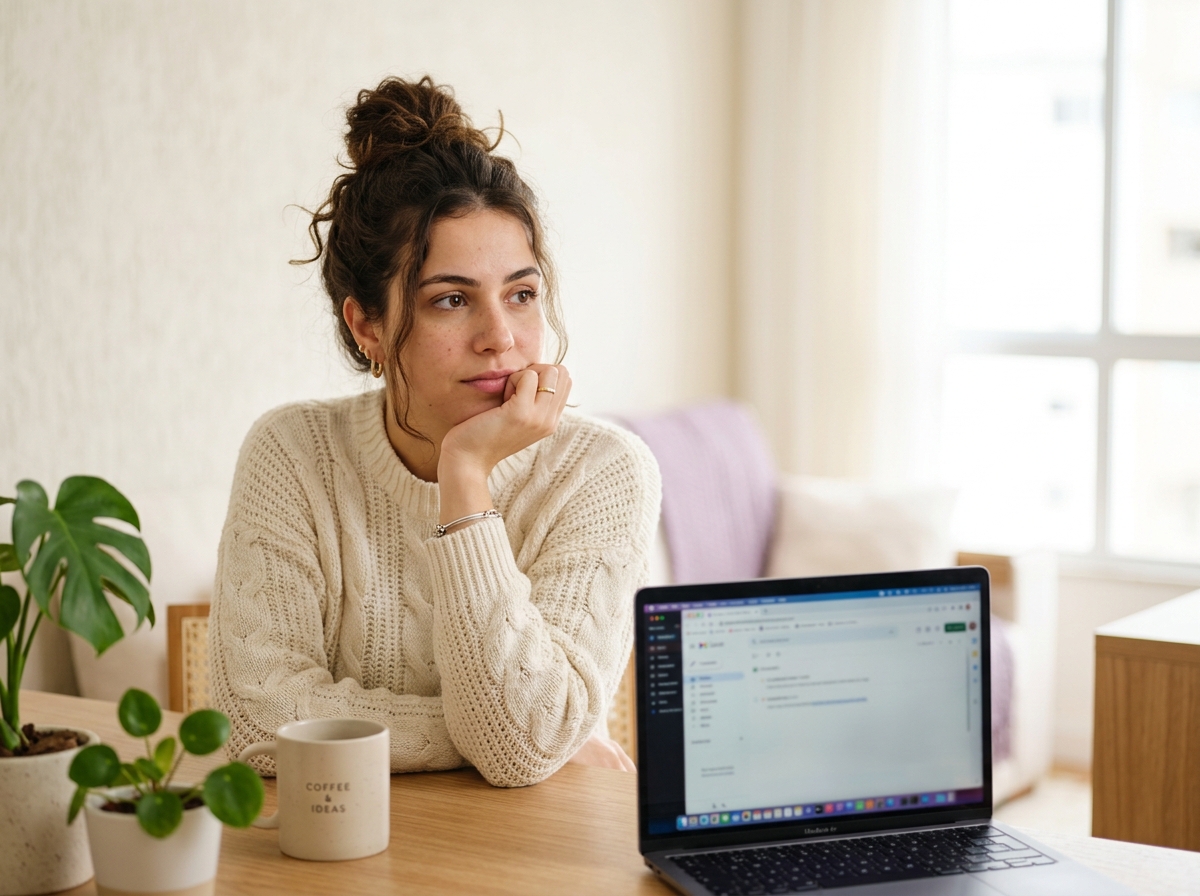 Mulher pensativa em frente ao notebook, sem saber por onde começar na área de TI